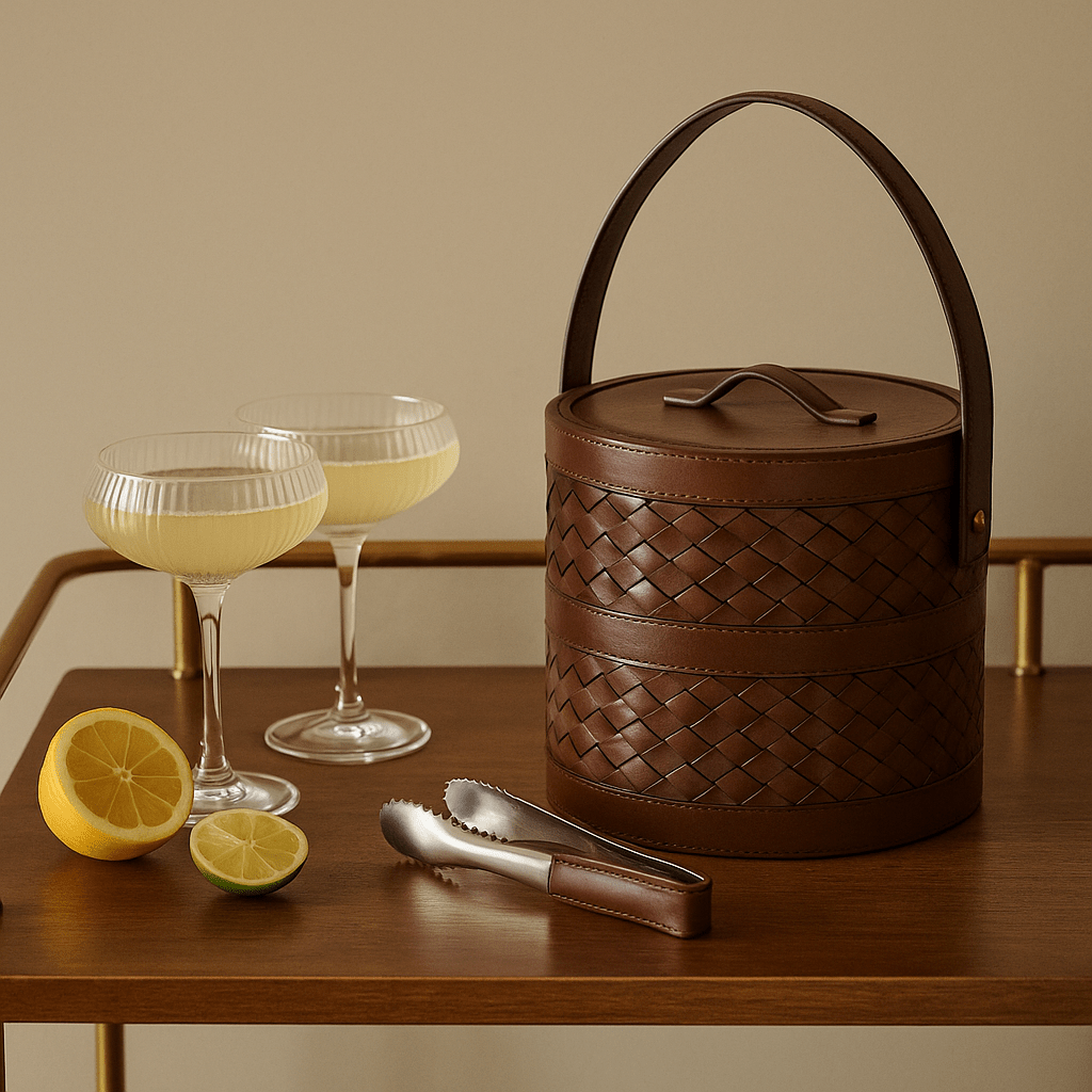 Canton Woven Leather Ice Bucket with Tongs