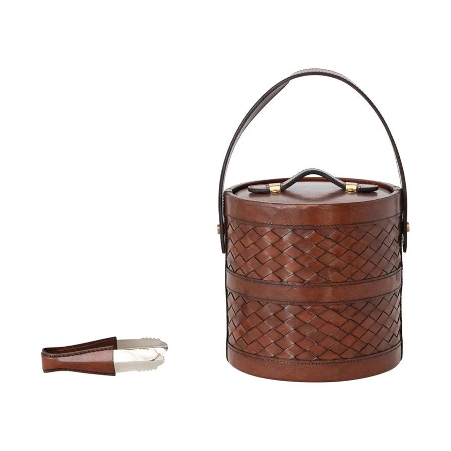 Canton Woven Leather Ice Bucket with Tongs