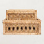 Woven Rattan & Wood Display Boxes with Glass Lid, Set of 2